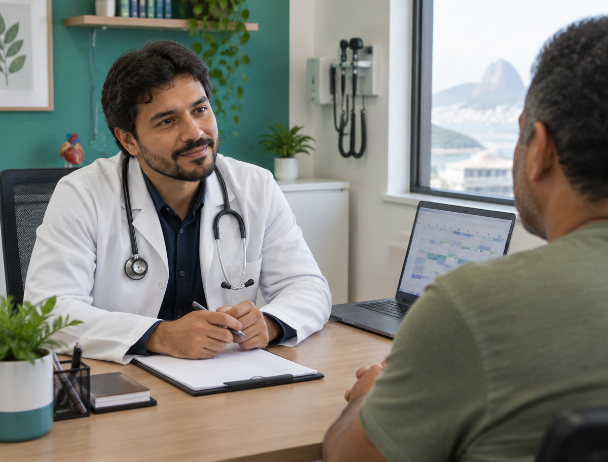 Médico brasileiro conversando com um paciente em consultório