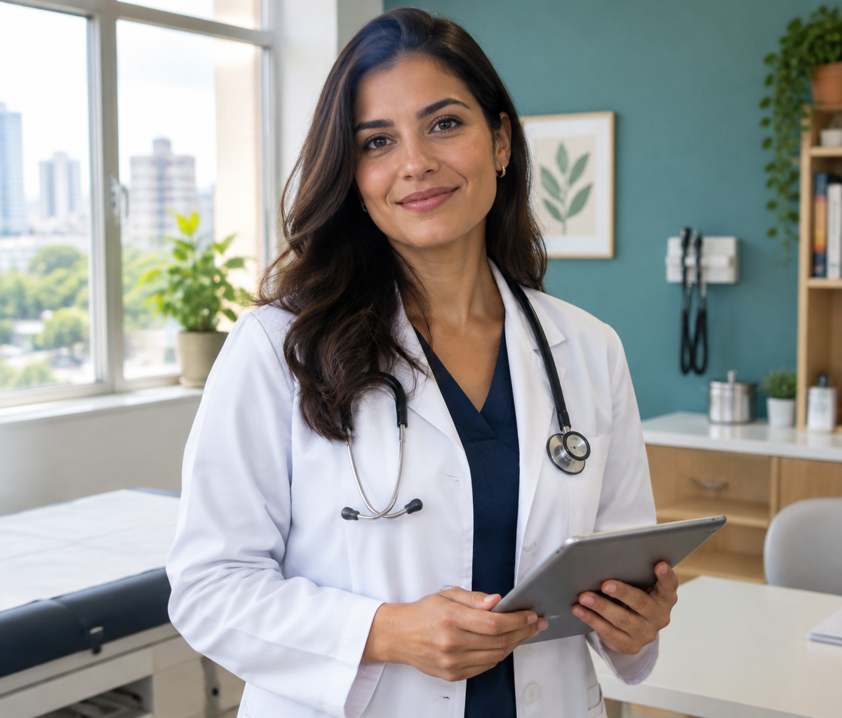 Médica brasileira com jaleco e estetoscópio em consultório moderno